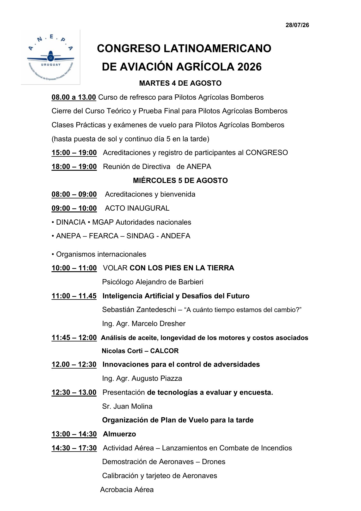 Programa del Congreso, página 1: martes 4 y miércoles 5 de agosto