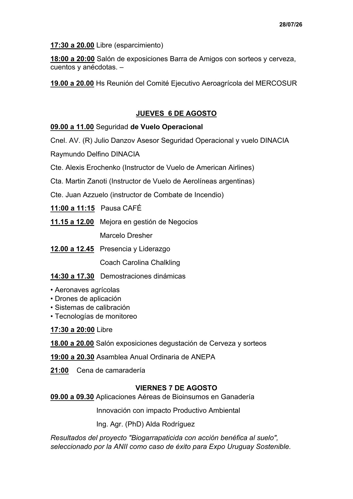 Programa del Congreso, página 2: miércoles 5 y jueves 6 de agosto